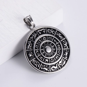Vintage Nordic Viking stainless steel sun pendant featuring zodiac rune carvings in silver