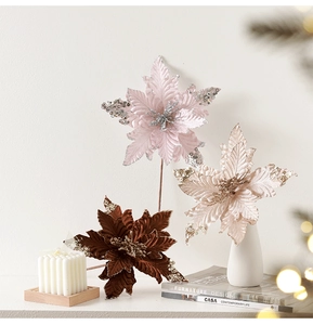 Detail of 25cm artificial Christmas flowers in pink and champagne with glitter accents