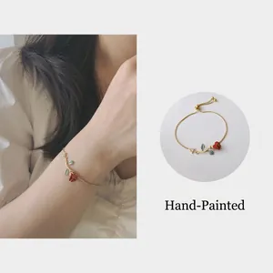 Hand-painted red rose bracelet with gold chain and adjustable bead clasp for women