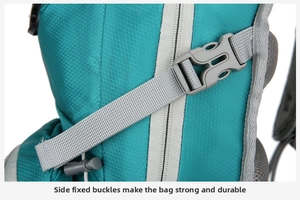 Detail view of the side compression buckle and ripstop nylon fabric on the cycling backpack
