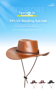 Brown PU leather cowboy hat with wide brim and decorative rope for sun protection.