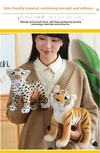 Detail of plush tiger and leopard toys showing realistic fur texture and printing