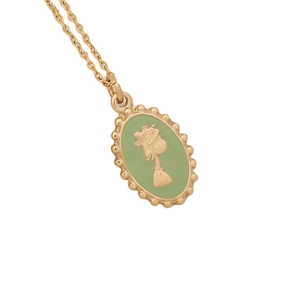 Golden stainless steel oval pendant necklace with green enamel and portrait embossment