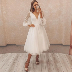 Robe De Mariée Blanche Col En V Profond Manches Bouffantes En Maille Ligne A Robe De Soirée Midi Pour Femmes Fiançailles