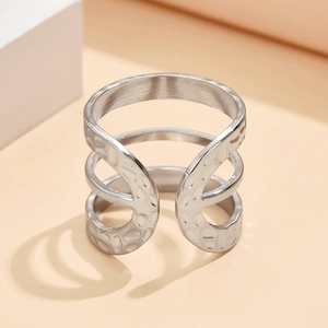 Adjustable multi-layer stainless steel ring with hammered texture in silver finish
