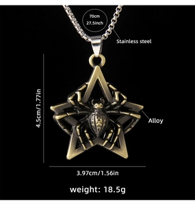 Detail view of pentagram spider necklace with dimensions and stainless steel chain