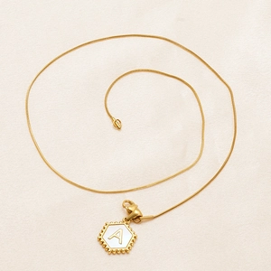 Minimalist gold plated titanium steel necklace with hexagon letter A shell pendant