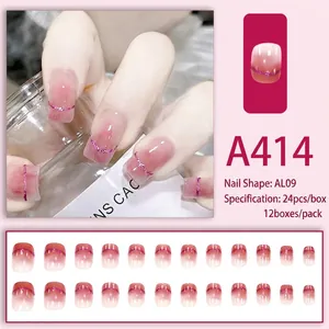 Pink gradient press-on nails with purple glitter lines and 24 pieces set in AL09 style