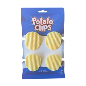Set of four creative potato chip shaped bag clips in blue packaging for snack sealing