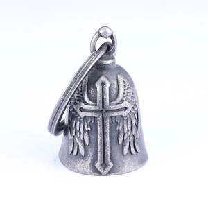 Detailed retro silver stainless steel bell pendant with angel wings and cross relief