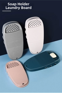 Detail of plastic washboard with integrated soap drain tray in four different colors