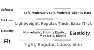 Size chart showing fabric softness, thickness, slight elasticity, and regular fit details