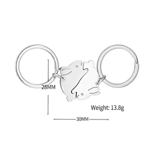 Cute stainless steel rabbit couple keychain set with 28mm ring and 30mm puzzle pendants