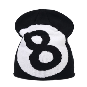 Classic black 8-ball knitted beanie hat for winter outdoor warmth and wind protection