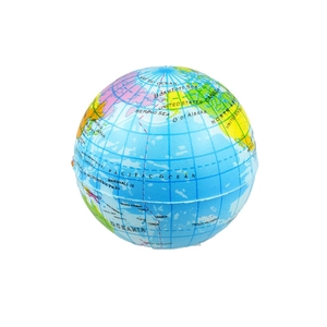 Detailed view of the foam earth stress ball with clear English geographic printing