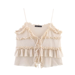 Ruffle Knit Camisole Top Slim Fit V Neck Tie Front Layered Ruffles French Retro Elegant Sweet Women Sleeveless