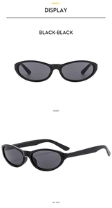 Front and side view of trendy small oval black cat-eye sunglasses for outdoor fashion