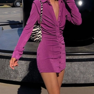 Sexy purple long sleeve button-down mini dress with ruched detail for women