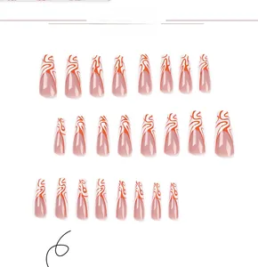 Detailed set of 24 long coffin fake nails with orange abstract swirl patterns and line art
