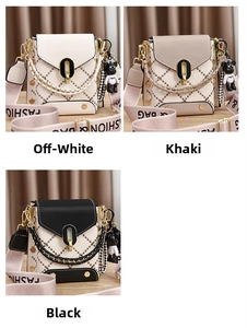 Detail view of vertical crossbody mini bags in beige, khaki and black with bear charms