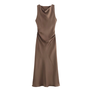 Elegant sleeveless coffee brown satin midi dress with a pleated cowl neck on white background