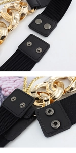 Macro shot of dual metal snap buttons and gold chain detail on elastic waist belt