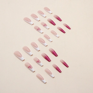 Long coffin press-on nails with French tips, pink butterfly art and glitter gradient