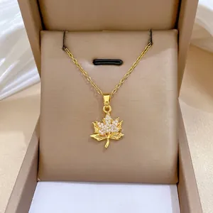 Maple Leaf Pendant Necklace Titanium Steel Chain Copper Micro Paved Zircon Elegant Lightweight Luxury Jewelry For Women