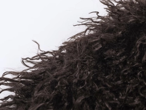 Close-up macro of curly faux fur texture on a dark brown fashion jacket for women