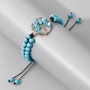 Double-layer 6mm turquoise bead bracelet with gold Tree of Life charm and adjustable cord
