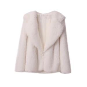 Elegant white faux fur coat featuring a large collar and loose mid-length silhouette