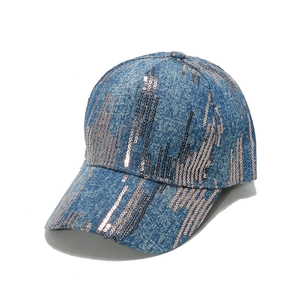 Denim baseball cap for couples featuring shimmering rose gold sequins and vertical stripes