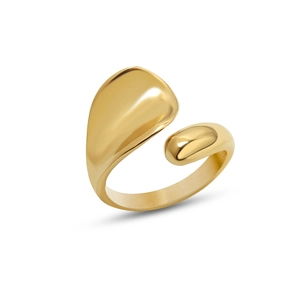 Adjustable gold teardrop open ring with minimalist fluid design and polished finish
