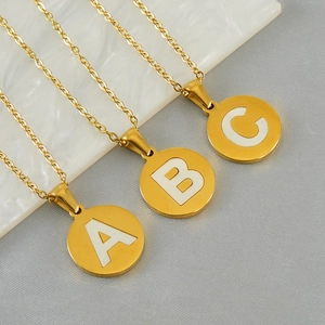Alphabet Initial Necklace 18K Gold Plated Stainless Steel Natural Shell Round Disc Pendant Fashion Jewelry Women