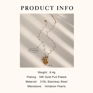 Macro view of ocean starfish pearl shell necklace with 18K gold PVD plating specs