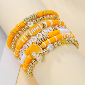 Detail of Football Mom clay bead bracelet set with yellow and white charms for sports fans