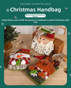 Detailed view of Christmas gift bags featuring 3D Santa, snowman, and reindeer designs
