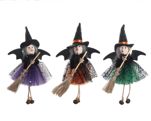 Three hanging Halloween witch dolls with colorful mesh skirts and wooden brooms