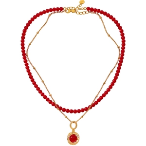 Vintage 18K gold plated double layer necklace with red tiger eye pendant and red beads
