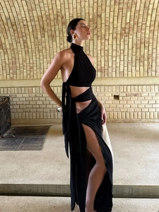 Halter Maxi Dress Sexy Cut Out Backless High Slit Side Tie Polyester Spandex Slim Fit Elegant Evening Gown For Women