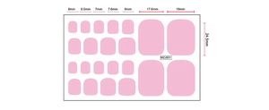 Detailed size chart for pink glitter toe nail wraps with specific width measurements