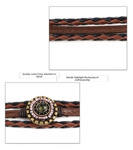 Macro detail of multi-layer woven leather bracelet with vintage green stone centerpiece