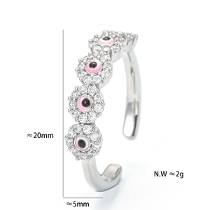Detailed view of pink evil eye ring with zircon inlay showing dimensions 20mm height and 5mm width