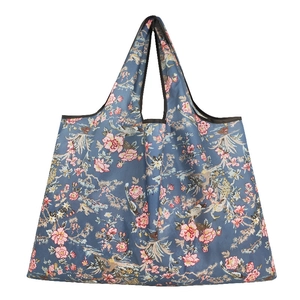 Large foldable floral shopping bag with deep blue oriental bird and peony pattern