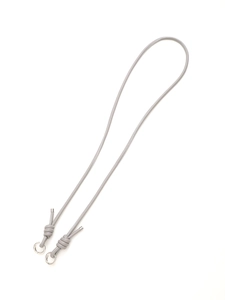 Detail of grey leather crossbody phone strap with durable silver metal round ring clips