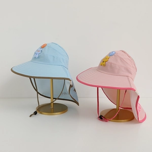 Kids open top sun hat with large brim and neck flap in pink and blue colors