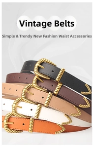 Detail view of five retro belts in various colors with textured golden oval buckles