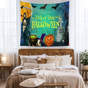 Detailed Halloween wall tapestry with Reaper, pumpkin and cauldron in a bedroom setup