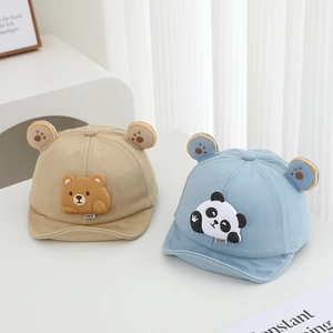 Cute cartoon panda and bear baby baseball caps in khaki and light blue with soft ears