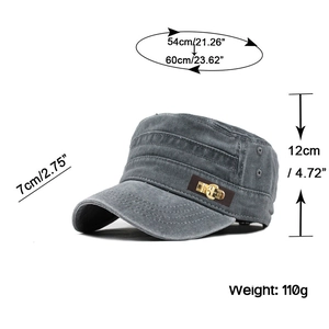 Detail view of washed cotton military cap with adjustable buckle and 54-60cm size guide